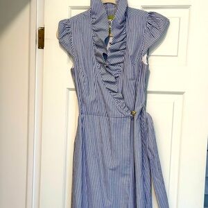 Elizabeth McKay, blue and white stripe wrap dress